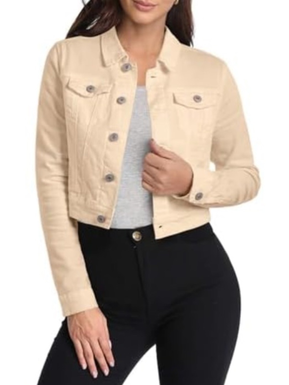 Women’s Cropped Beige Trucker Jacket - Classic Stretch Shacket 2XL